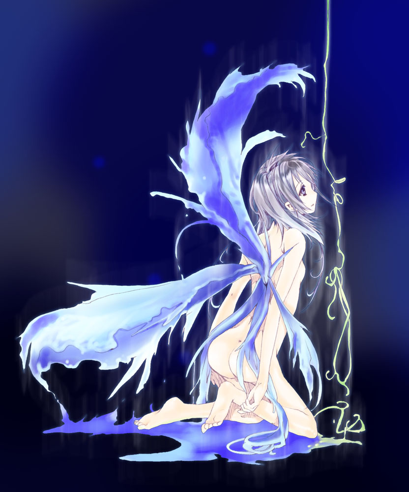 kurafuji sachi, original, silver hair, bad id, bad pixiv id, 1girl, ass, barefoot, feet, female focus, flat chest, kneeling, long hair, nude, skinny, solo, wings