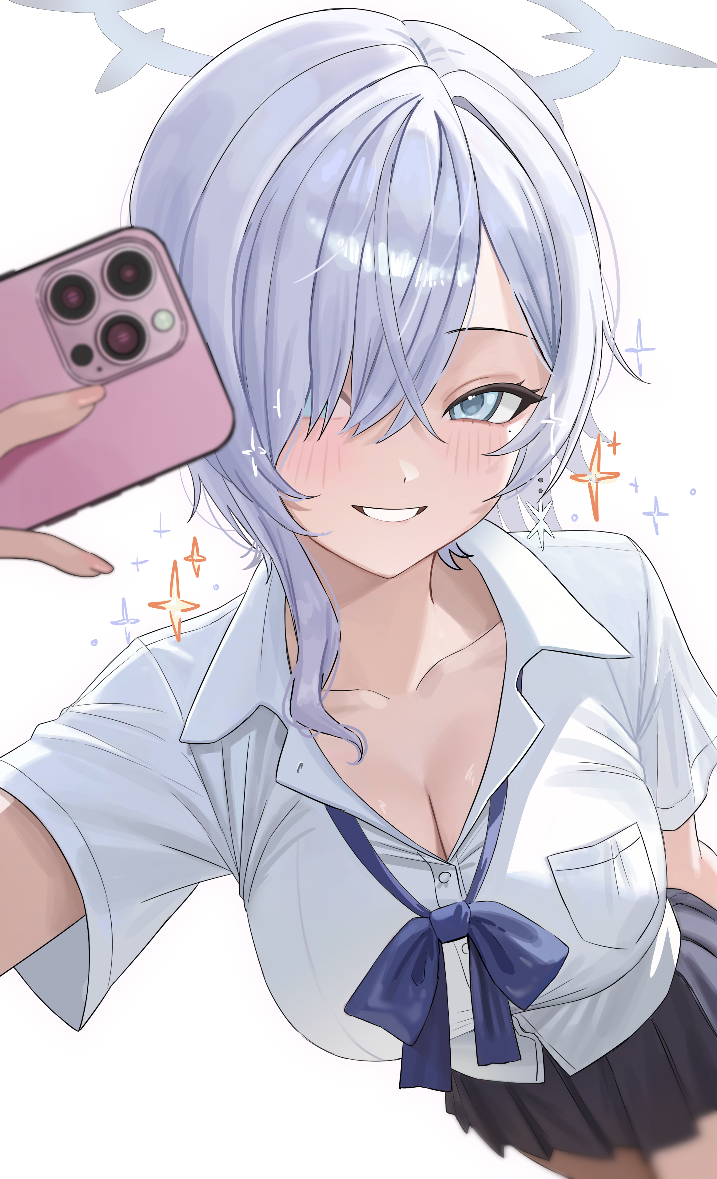 yamu (yamu 030), original, absurdres, commission, highres, pixiv commission, 1girl, black skirt, blue eyes, bow, bowtie, breast pocket, breasts, cellphone, cleavage, collarbone, collared shirt, dress shirt, grin, hair over one eye, halo, holding, holding phone, large breasts, long hair, looking at viewer, miniskirt, mole, mole under eye, phone, pleated skirt, pocket, school uniform, shirt, short sleeves, simple background, skirt, smartphone, smile, solo, sparkle, white background, white hair, white shirt