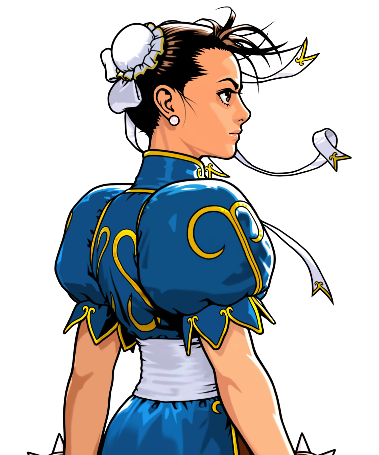 mori toshiaki, chun-li, capcom, capcom fighting jam, street fighter, highres, official art, 1girl, bracelet, bun cover, china dress, chinese clothes, double bun, dress, earrings, female focus, jewelry, pantyhose, profile, solo, spiked bracelet, spikes, standing, transparent background, wind
