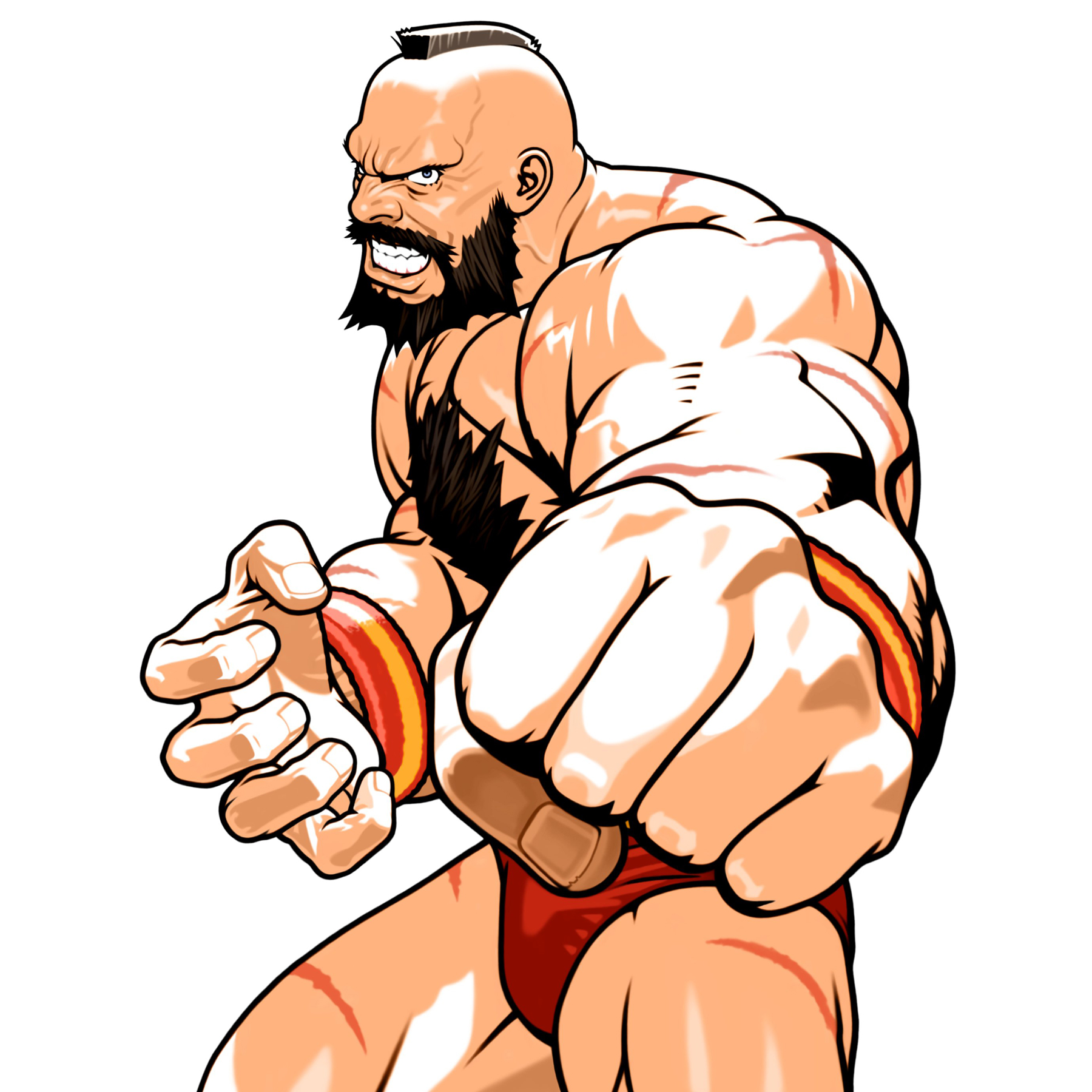 mori toshiaki, zangief, capcom, capcom fighting jam, street fighter, stance, highres, official art, 1boy, beard, bikini briefs, bodypaint, chest hair, clenched hand, cowboy shot, facial hair, fingernails, foreshortening, male focus, male underwear, muscular, panties, russian text, simple background, solo, underwear, white background, wrestler, wrestling outfit