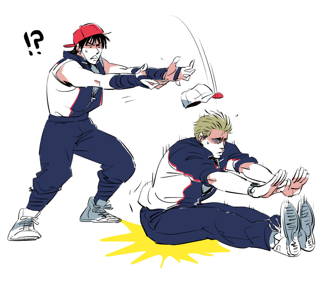 pseudonym, cody travers, guy (final fight), final fight, street fighter, 2boys, baseball cap, black hair, blonde hair, fallen down, friends, gloves, grin, hat, headband, jacket, multiple boys, outstretched arms, pants, shirt, shocked pupils, shoes, smile, track jacket, track pants, track suit, watch, white shirt, white shoes, zipper