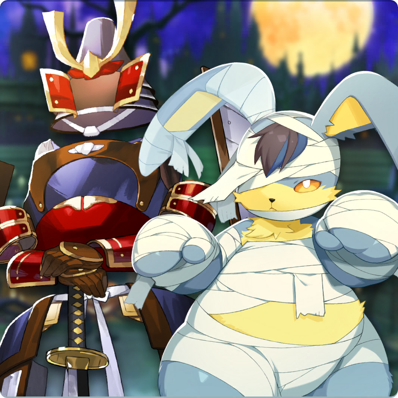 durahan (monster farm), hare (monster farm), line: monster farm, monster farm, official art, armor, bandages, dullahan, eye covering, halloween, helmet, japanese armor, kabuto (helmet), katana, monster, mummy (monster farm), rabbit, samurai armor, shogun (monster farm), sword, weapon