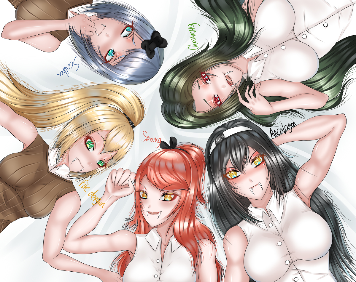 pixiv id 19585647, ancalagon, glaurung, scatha, smaug, the hobbit, the silmarillion, tolkien's legendarium, 5girls, aqua eyes, arm up, armpits, bare shoulders, black bow, black hair, blonde hair, bow, breasts, character name, closed mouth, collar, contemporary, dragon girl, eyelashes, fangs, female focus, finger to mouth, green eyes, grey hair, hand on own face, headband, humanization, large breasts, long hair, looking at viewer, looking to the side, lying, medium breasts, medium hair, multiple girls, on back, parted lips, red eyes, red hair, shirt, sleeveless, slit pupils, vest, white shirt, wing collar, yellow eyes