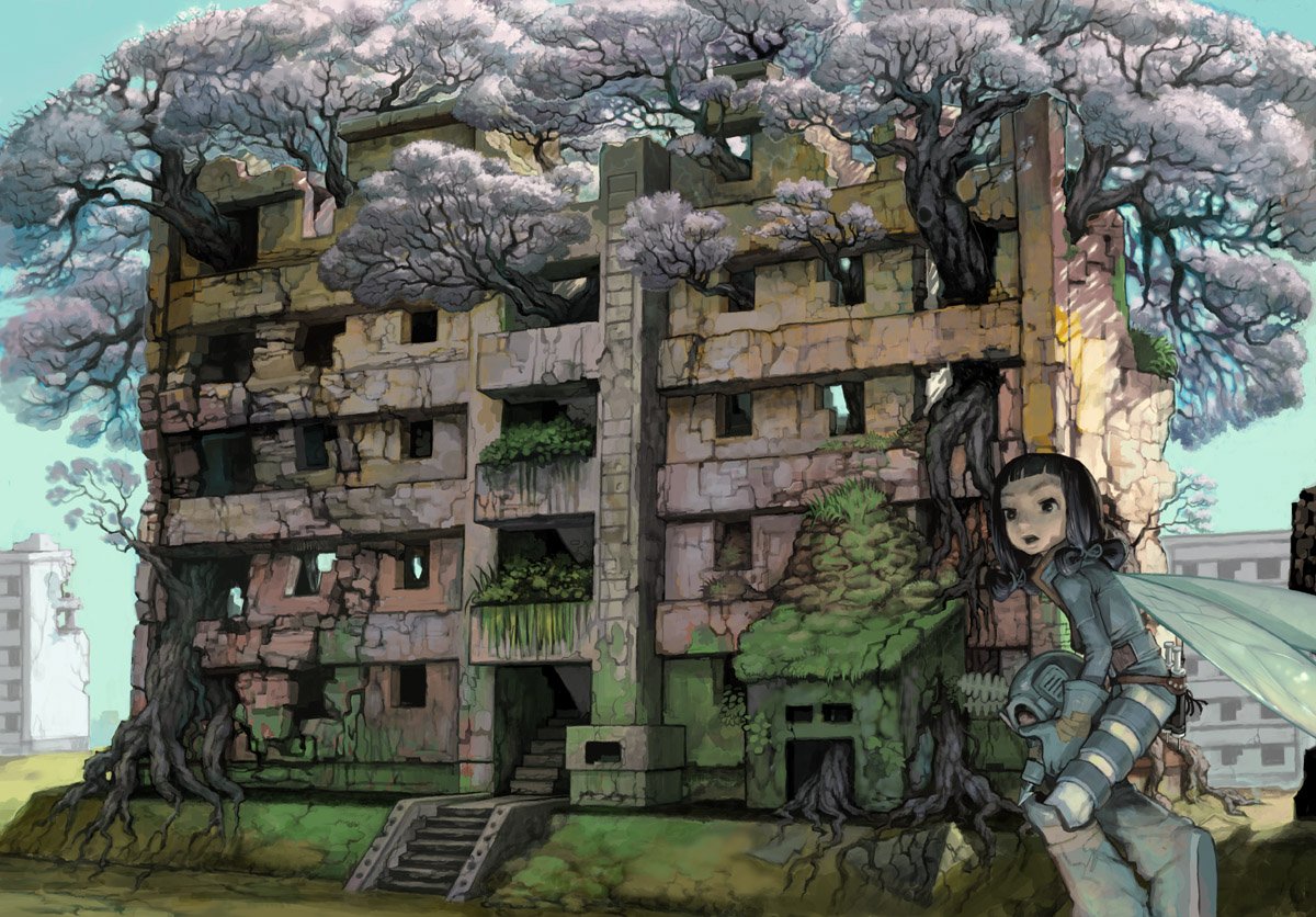 kawaguchi youhei, original, 1girl, black hair, building, cherry blossoms, day, female focus, helmet, insect wings, overgrown, plant, ruins, scenery, sky, solo, tree, wings