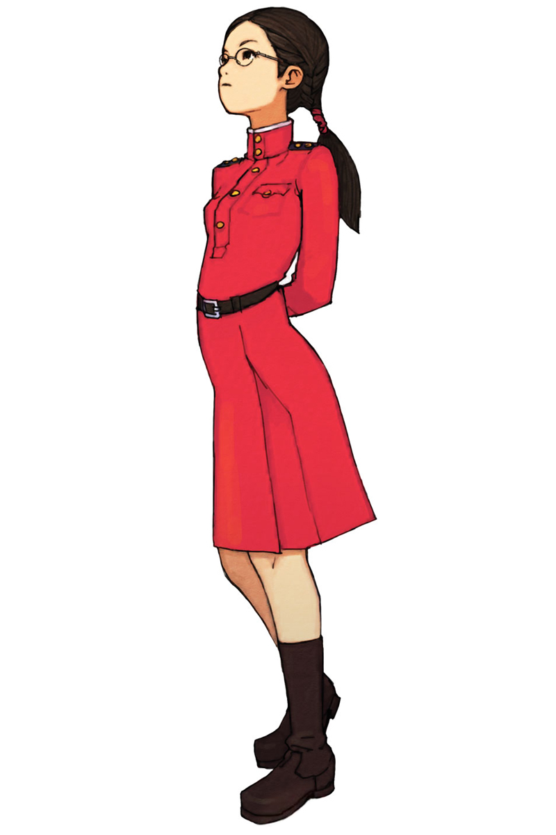 hirata ryou, sonja (advance wars), advance wars, advance wars: dual strike, nintendo, highres, official art, 1girl, arms behind back, belt, black eyes, black hair, boots, dress, female focus, flat chest, full body, glasses, long hair, military, military uniform, simple background, solo, standing, turtleneck, twintails