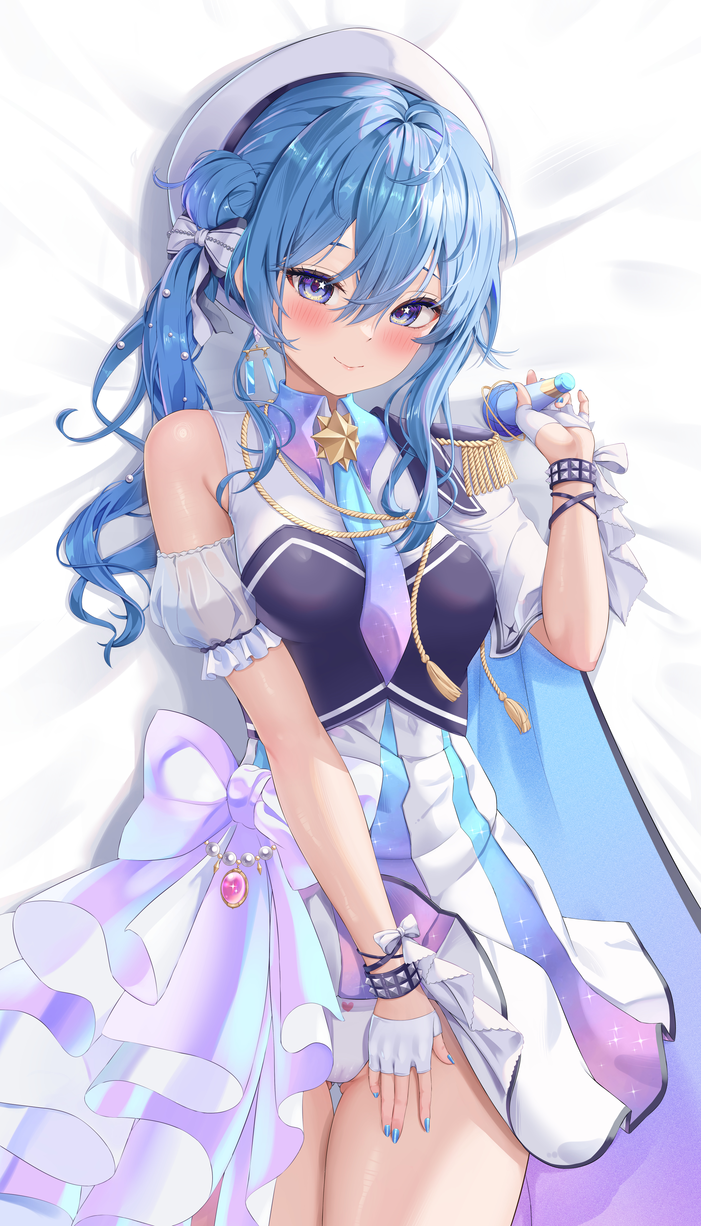 dokimaru, hoshimachi suisei, hoshimachi suisei (supernova), hololive, absurdres, commentary request, highres, 1girl, ahoge, alternate breast size (larger), beret, between legs, blue eyes, blue hair, blue nails, blush, bow, bracelet, breasts, brooch, cameltoe, detached sleeves, earrings, epaulettes, fingerless gloves, frills, gloves, gluteal fold, gradient necktie, hair between eyes, hair bow, hair bun, hair ribbon, hand between legs, hat, holding, holding microphone, idol clothes, jewelry, long hair, looking at viewer, medium breasts, microphone, necktie, official alternate costume, panties, pleated skirt, puffy detached sleeves, puffy sleeves, ribbon, side cape, side ponytail, side up bun, single bare shoulder, single epaulette, single sidelock, skirt, smile, solo, star (symbol), star brooch, star in eye, symbol in eye, thighs, underwear, virtual youtuber, white gloves, white hat, white panties, wrist straps