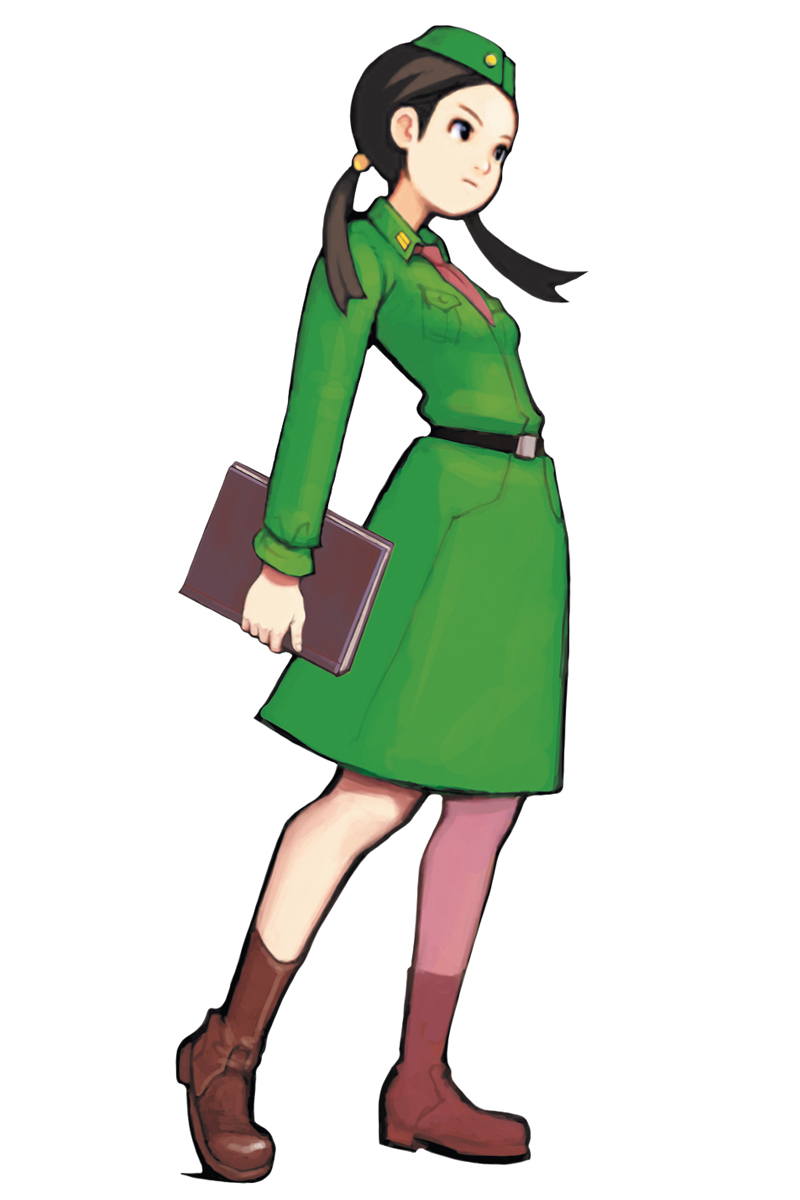 hirata ryou, sonja (advance wars), advance wars, advance wars: dual strike, nintendo, highres, official art, 1girl, arched back, belt, black eyes, black hair, book, boots, female focus, flat chest, full body, garrison cap, hair bobbles, hair ornament, hat, long hair, military, military uniform, necktie, simple background, skirt, solo, standing, tiptoes, twintails