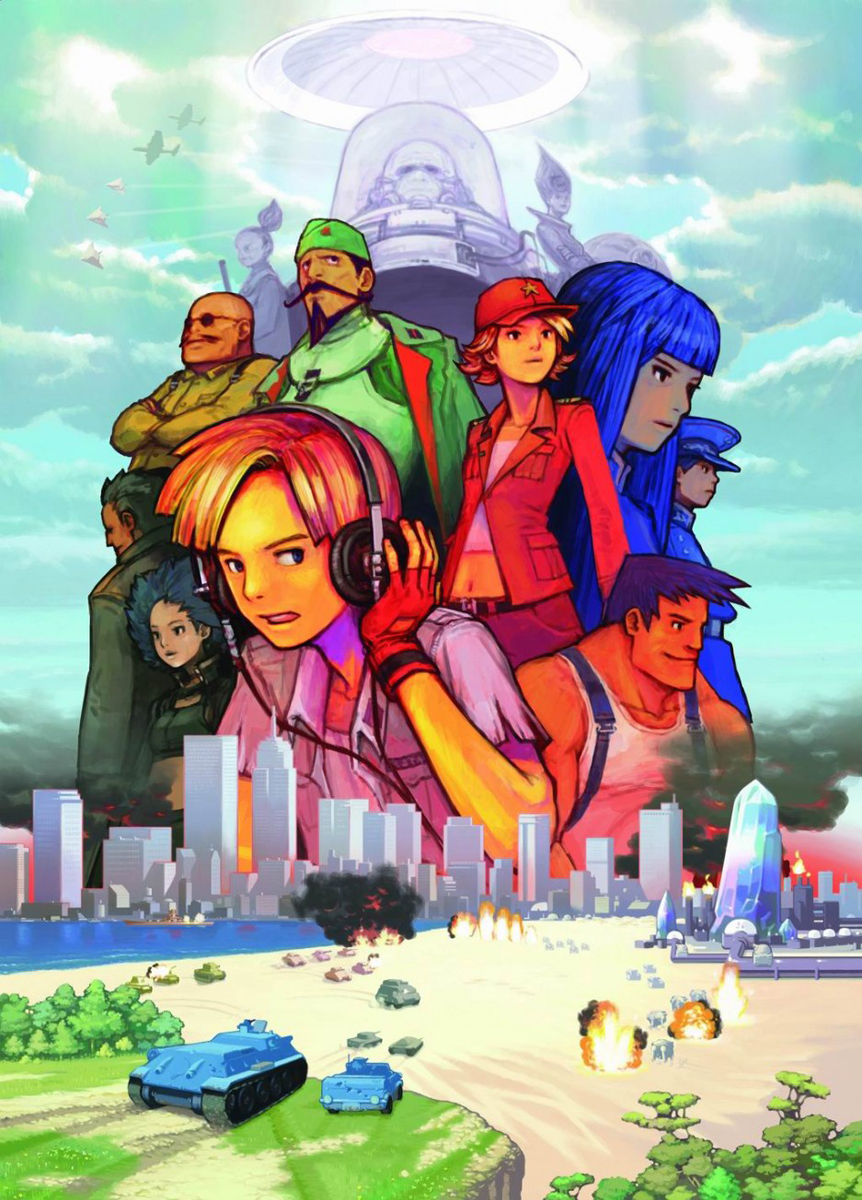 hirata ryou, colin (advance wars), hawke (advance wars), jake (advance wars), javier (advance wars), jugger (advance wars), kindle (advance wars), koal (advance wars), kouzou, lash (advance wars), max (advance wars), rachel (advance wars), sasha (advance wars), von bolt (advance wars), advance wars, advance wars: dual strike, nintendo, jet, vehicle, highres, official art, 5girls, 6+boys, aircraft, airplane, bald, baseball cap, beach, beard, belt, black eyes, blonde hair, blue eyes, blue hair, blunt bangs, brown hair, building, caterpillar tracks, city, cloud, crossed arms, day, everyone, explosion, facial hair, fingerless gloves, fire, flat chest, garrison cap, gloves, grass, grey hair, hat, headphones, high ponytail, long hair, midriff, military, military uniform, military vehicle, motor vehicle, multiple boys, multiple girls, muscular, mustache, navel, open mouth, outdoors, peaked cap, ponytail, profile, ship, short hair, sky, star (symbol), sunglasses, suspenders, tank, tank top, tree, water, watercraft