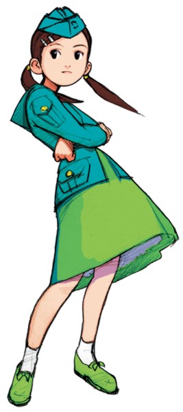 hirata ryou, sonja (advance wars), advance wars, nintendo, official art, 1girl, black eyes, brown hair, child, crossed arms, female focus, flat chest, frown, full body, garrison cap, hair bobbles, hair ornament, hairclip, hat, long hair, military, military uniform, shoes, simple background, skirt, socks, solo, standing, twintails