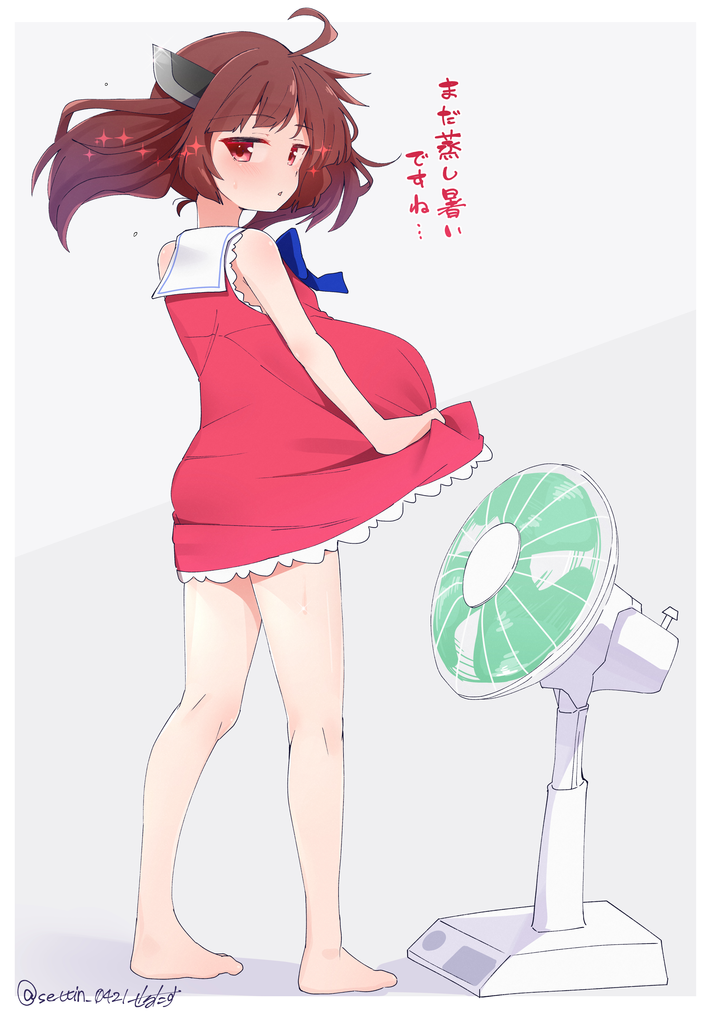 sechin, touhoku kiritan, voiceroid, absurdres, highres, translated, 1girl, ahoge, barefoot, brown eyes, brown hair, electric fan, fanning crotch, sailor collar, simple background, sleeveless, solo, sweat, twintails