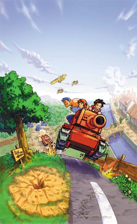 hirata ryou, andy (advance wars), domino, domino (advanced wars), max (advance wars), advance wars, nintendo, vehicle, official art, 1girl, 2boys, aircraft, airplane, arrow (symbol), black hair, blue hair, bridge, caterpillar tracks, city, cloud, day, explosion, fence, fire, grass, grin, headband, jumping, military, military uniform, military vehicle, motor vehicle, multiple boys, muscular, orange hair, outdoors, shadow, short hair, sign, sky, sleeves rolled up, smile, smoke, spiked hair, tank, tank top, tree, water
