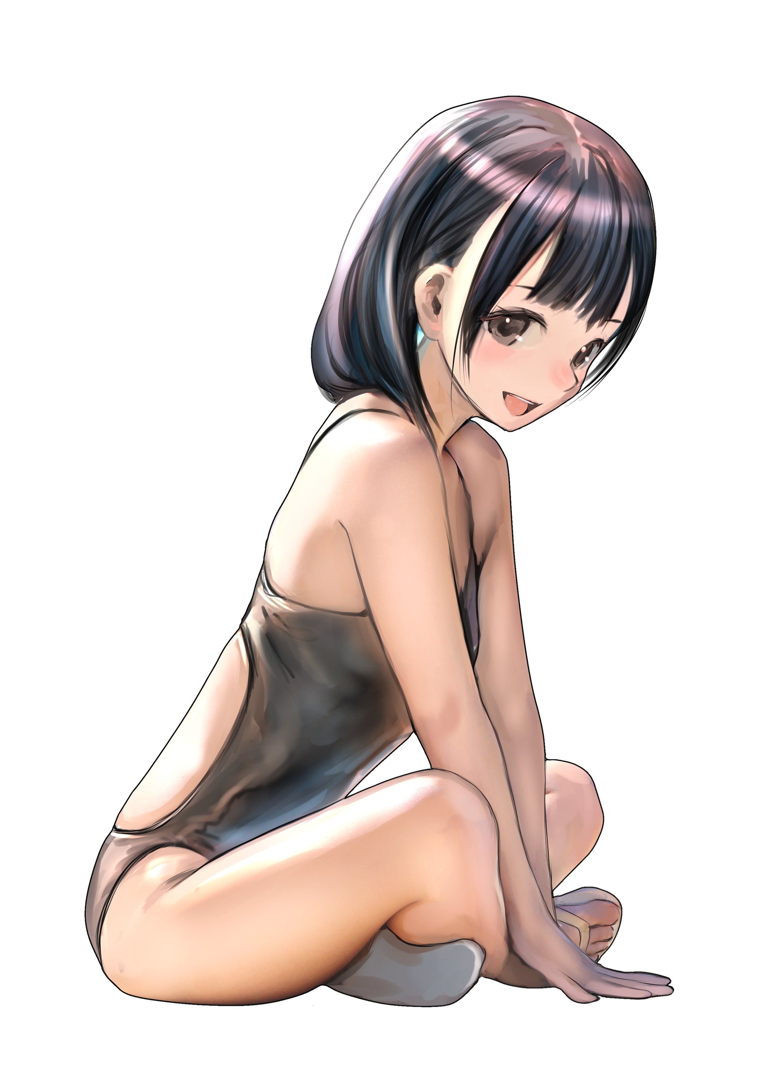 emutsuichi, original, absurdres, highres, 1girl, bare shoulders, black hair, black one-piece swimsuit, blush, breasts, brown eyes, crossed legs, flip-flops, full body, long hair, one-piece swimsuit, open mouth, sandals, simple background, sitting, smile, solo, swimsuit, white background