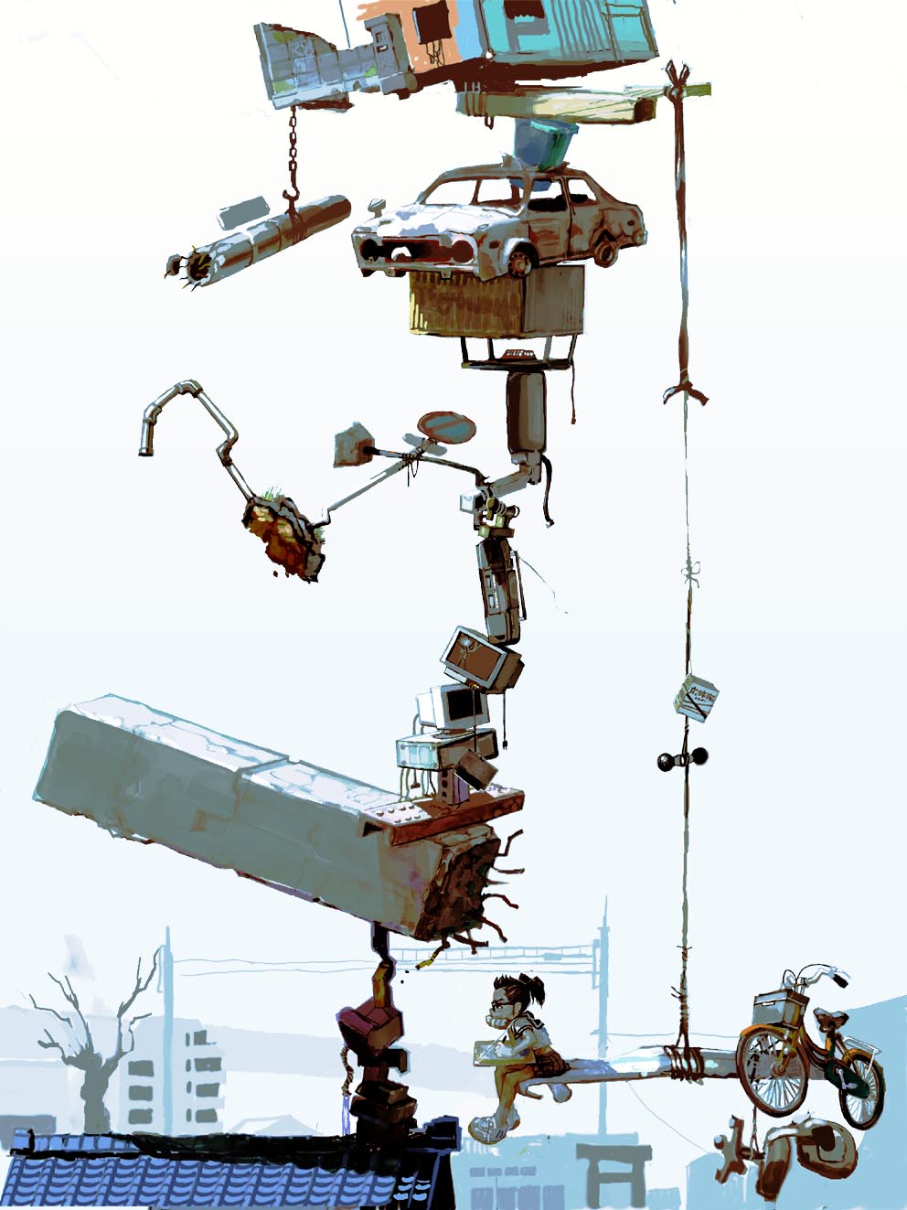 kawaguchi youhei, original, highres, 1girl, balancing, bicycle, broken, car, chain, chair, city, computer, concrete, crt, cruiser bicycle, drawing (action), female focus, glasses, hanging, hook, industrial pipe, monitor, motor vehicle, office chair, outdoors, ponytail, power lines, rebar, road sign, rope, ruins, scenery, school uniform, serafuku, sign, sky, solo, stereo, surreal, swivel chair, television, tile roof, trash, trash can, twintails, urban, utility pole