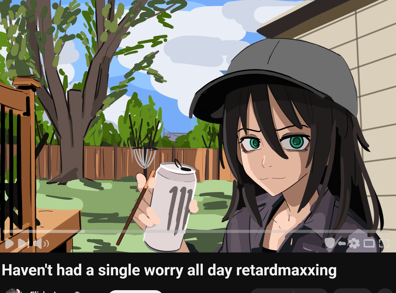 kurokimoko, kuroki tomoko, monster energy, watashi ga motenai no wa dou kangaetemo omaera ga warui!, youtube, 1girl, baseball cap, black hair, closed mouth, elisha long, english text, fake play button, fake video, green eyes, grey hat, grey jacket, hat, jacket, long hair, looking at viewer, progress bar, solo, tree, volume symbol