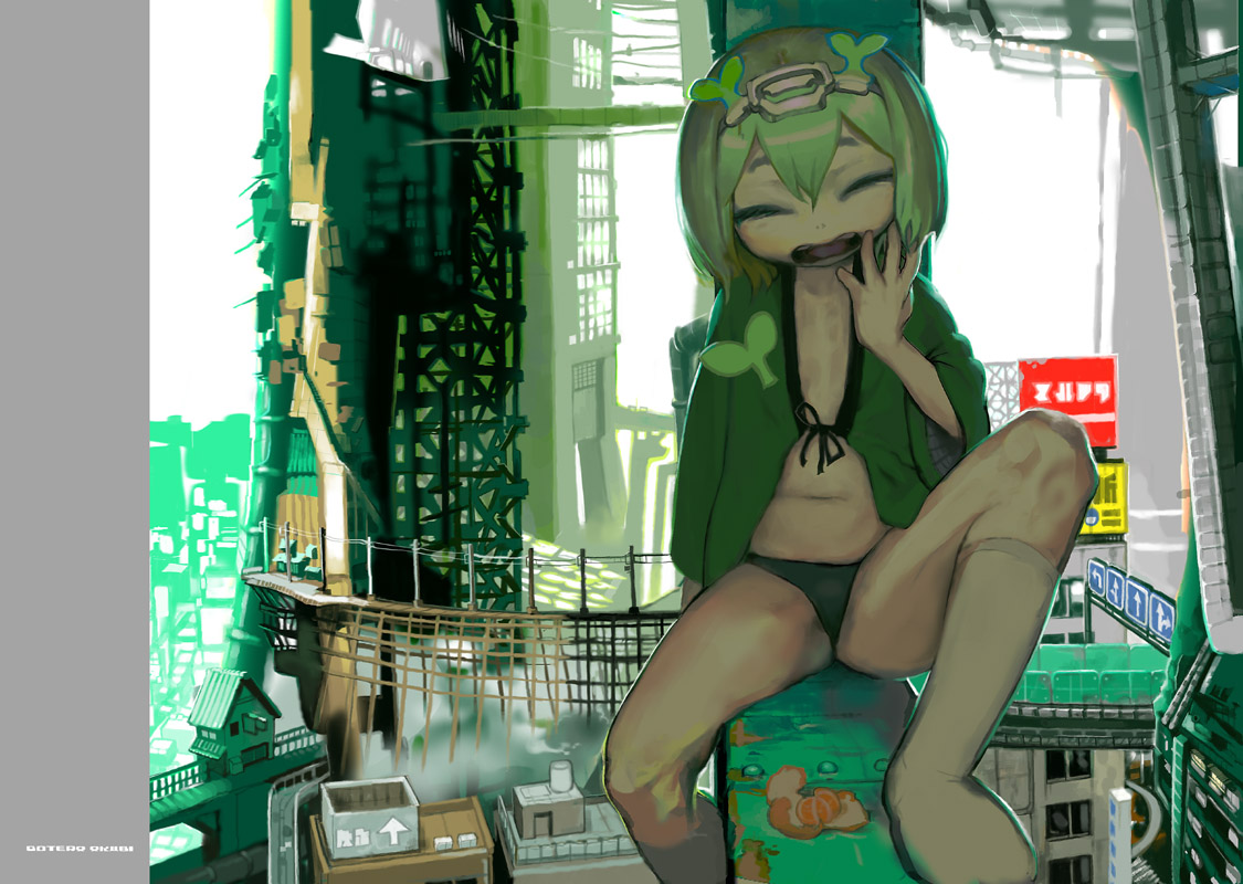 kawaguchi youhei, original, 1girl, city, female focus, food, fruit, green hair, indoors, japanese clothes, mandarin orange, midriff, orange (fruit), panties, road sign, scenery, sign, socks, solo, underwear, yawning