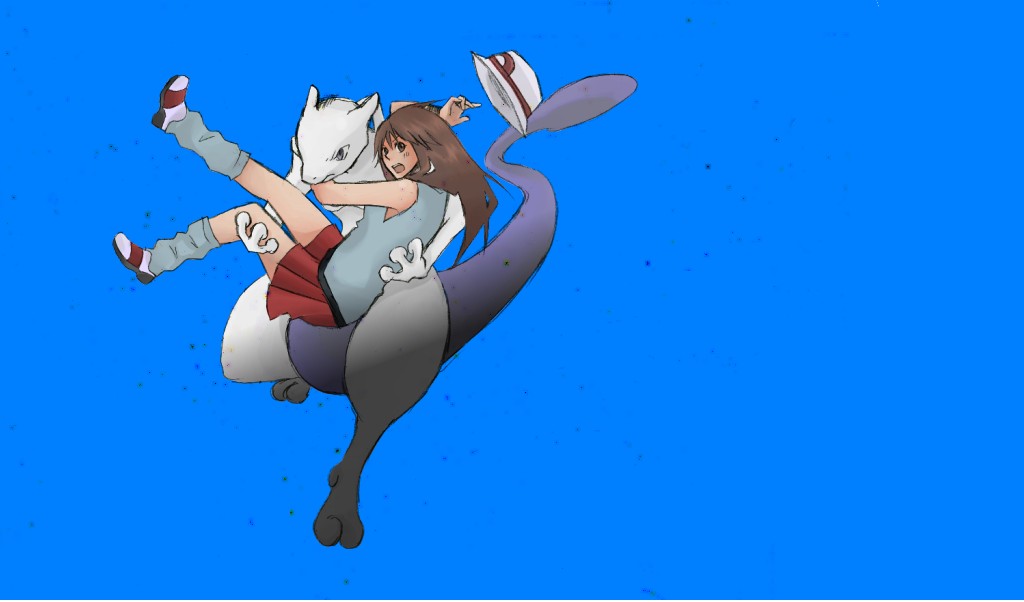 leaf (pokemon), mewtwo, nintendo, pokemon, pokemon frlg, artist request, source request, 00s, 1girl, blue background, brown eyes, brown hair, carrying, gen 1 pokemon, hat, legendary pokemon, pokemon (creature), porkpie hat, princess carry, simple background, skirt