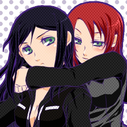 kuga natsuki, yuuki nao, my-hime, uniform, lowres, 00s, 2girls, black hair, blush, breasts, cleavage, closed mouth, collarbone, frown, head tilt, hug, hug from behind, long sleeves, looking at viewer, multiple girls, own hands together, polka dot, polka dot background, red hair, short hair, simple background