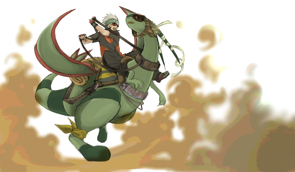 taoru (t kiji), brendan (pokemon), flygon, nintendo, pokemon, pokemon rse, 00s, 1boy, clothed pokemon, fire, gen 3 pokemon, headband, leg ribbon, male focus, pokemon (creature), ribbon, riding, riding pokemon, saddle, sunglasses, white hair