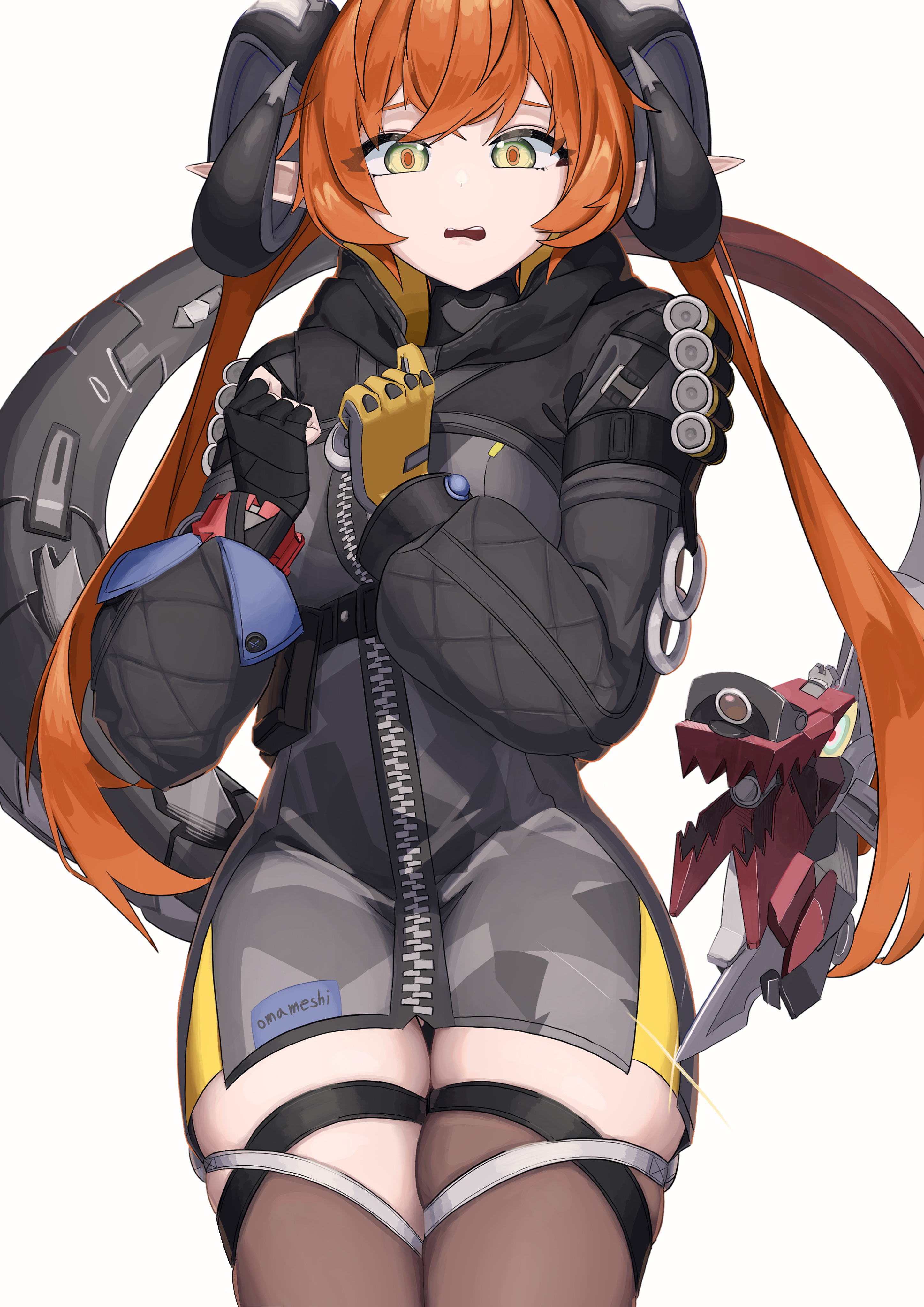 magus (zenless zone zero), orphie magnusson, zenless zone zero, absurdres, highres, 1girl, 1other, ammunition, asymmetrical gloves, black horns, dragon girl, dragon horns, fingerless gloves, gloves, gun, horns, knife, mechanical horns, mechanical tail, mismatched gloves, omame meshi, open mouth, orange hair, orange pupils, panties, pointy ears, single fingerless glove, tail, thighhighs, thighs, underwear, weapon, white background, yellow gloves, yellow panties, zipping
