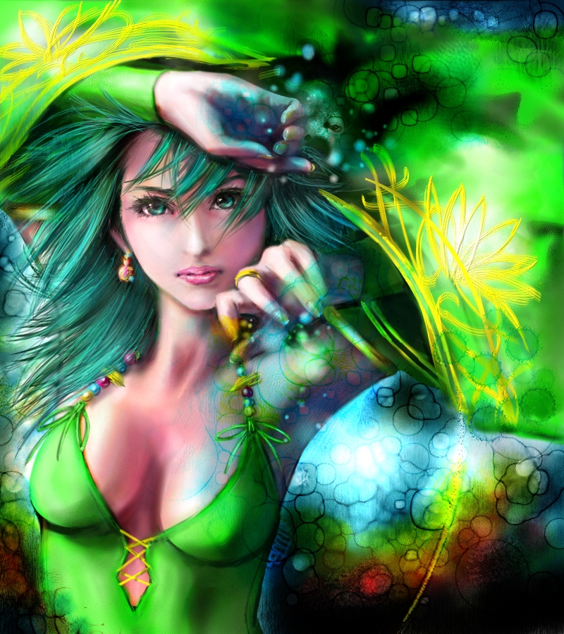 mamoru, mamoru (mamoru jinja), rydia (adult) (ff4), rydia (ff4), final fantasy, final fantasy iv, 1990s (style), 1girl, breasts, female focus, green eyes, green hair, lips, long hair, matching hair/eyes, retro artstyle, solo