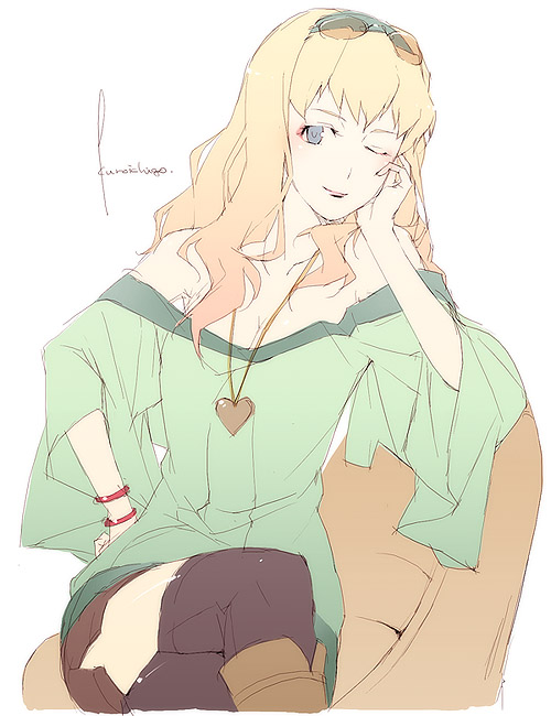 kyo (kuroichigo), sheryl nome, macross, macross frontier, 00s, 1girl, blonde hair, blue eyes, breasts, cleavage, female focus, glasses, hairband, jewelry, long hair, one eye closed, pendant, small breasts, smile, solo, sunglasses, sunglasses on head, thighhighs, wink