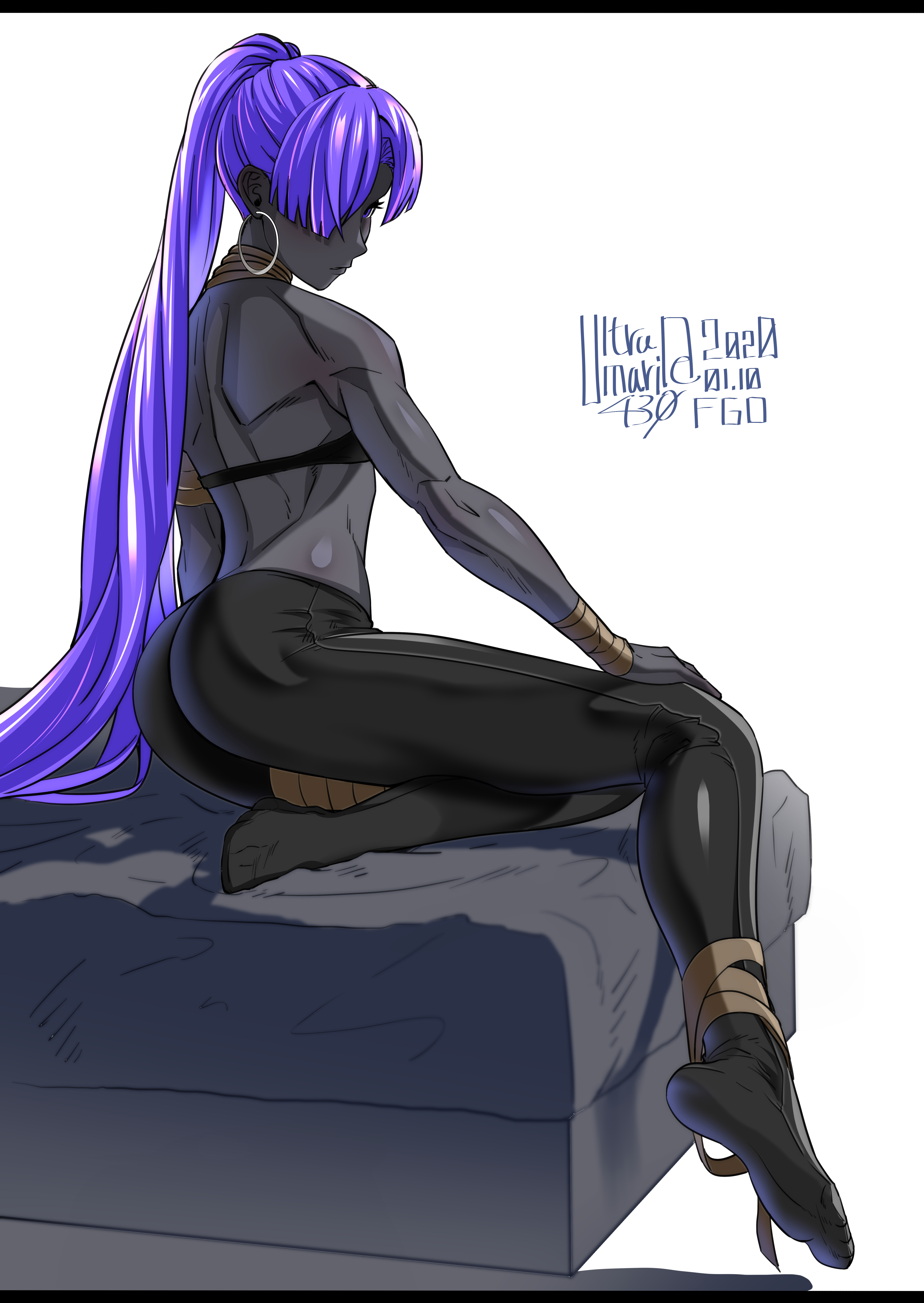shin (ultramarine430), assassin (fate/zero), female assassin (fate/zero), fate/grand order, fate (series), absurdres, highres, 1girl, ass, black pants, dark-skinned female, dark skin, dated, earrings, hoop earrings, jewelry, long hair, pants, ponytail, purple hair, sitting, solo, twitter username, very dark skin, very long hair, white background