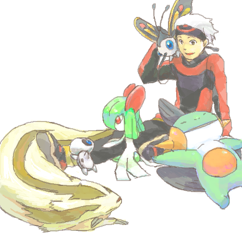 aron, beautifly, brendan (pokemon), kirlia, linoone, marshtomp, nintendo, pokemon, pokemon rse, lowres, 00s, 1boy, agehunt, brown eyes, gen 3 pokemon, headband, kokodora, lying, male focus, massuguma, numacraw, pokemon (creature), simple background, sitting, white background, white hair