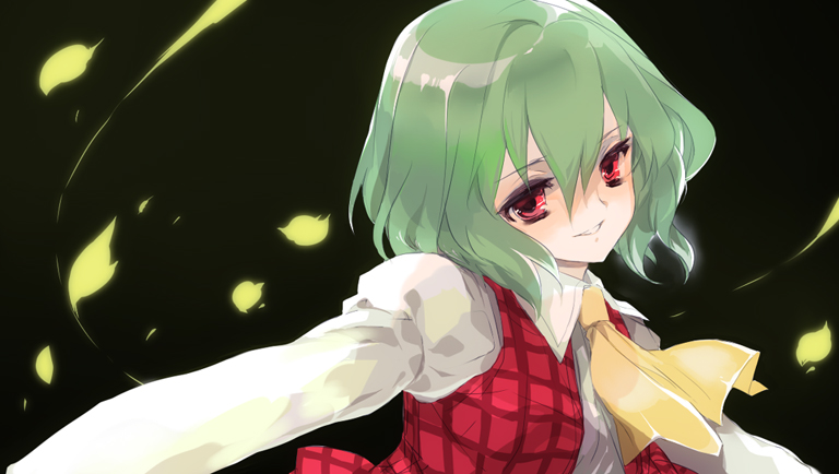 ni (2shi), kazami yuuka, touhou, bad id, bad pixiv id, 1girl, black background, female focus, green hair, petals, red eyes, short hair, solo, upper body