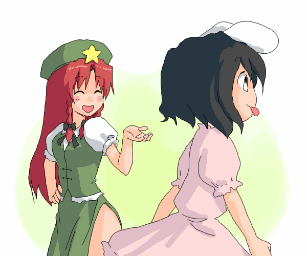abekawa, hong meiling, inaba tewi, touhou, bad id, bad pixiv id, 2girls, :p, animal ears, black hair, braid, china dress, chinese clothes, dress, female focus, gradient background, hat, long hair, multiple girls, rabbit ears, red hair, ribbon, short hair, skirt, tongue, tongue out, twin braids, white background