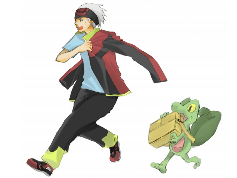 taoru (t kiji), brendan (pokemon), treecko, nintendo, pokemon, pokemon rse, bookbag, 00s, 1boy, bag, black eyes, dressing, gen 3 pokemon, headband, jacket, male focus, open mouth, pokemon (creature), running, shirt, shoes, short hair, shoulder bag, simple background, sneakers, spiked hair, t-shirt, white background, white hair
