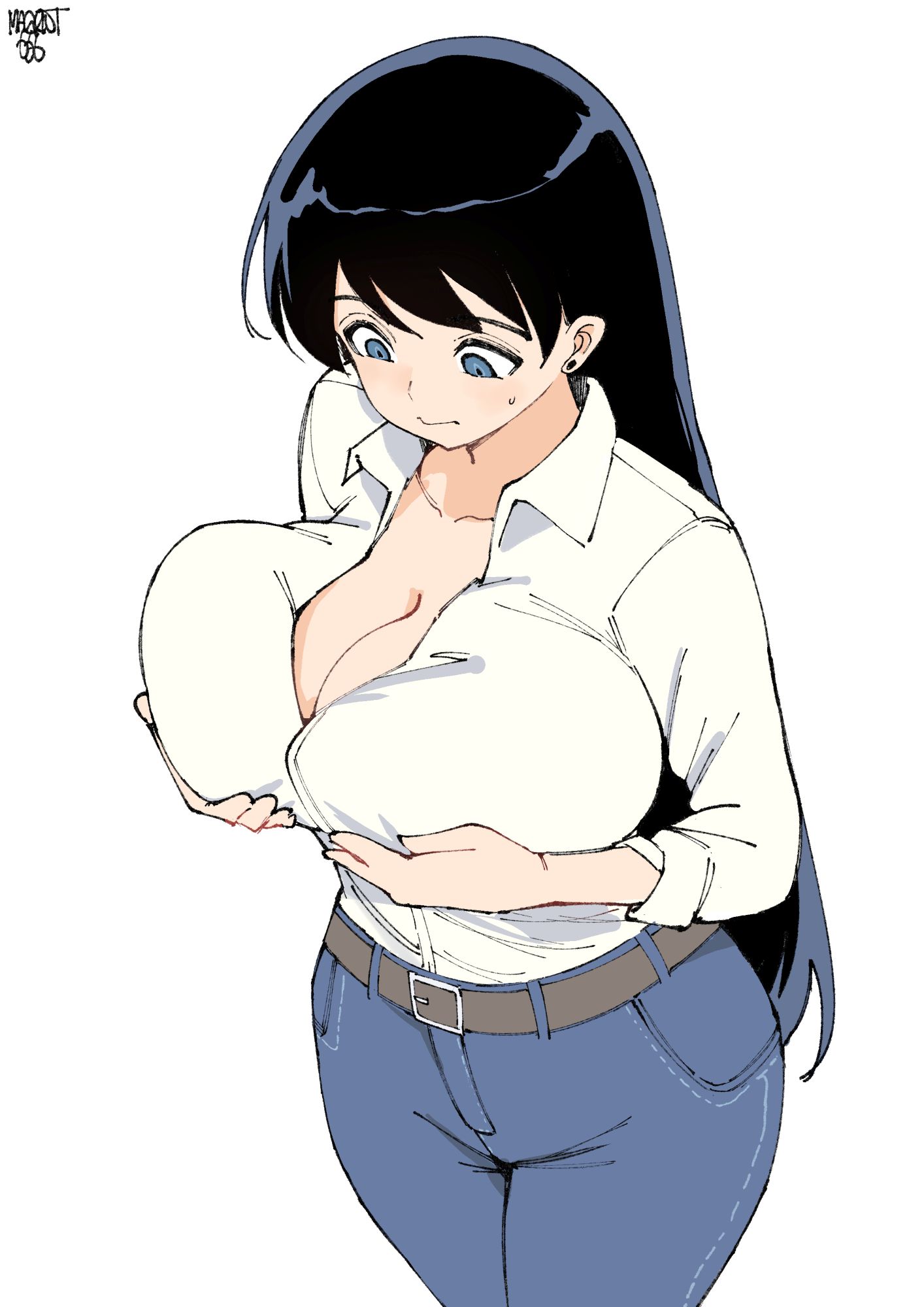 norman maggot, arato nagi, ruri no houseki, highres, 1girl, artist name, belt, black hair, blue eyes, blue pants, breast conscious, breast lift, breasts, cleavage, collared shirt, cowboy shot, denim, from above, huge breasts, jeans, large breasts, long hair, long sleeves, looking at breasts, looking at self, looking down, pants, shirt, solo, sweatdrop, white shirt