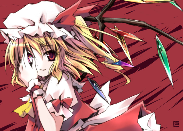 eretto, flandre scarlet, touhou, 1girl, blonde hair, blouse, female focus, glowing, hat, heterochromia, mob cap, red background, red eyes, shirt, solo, upper body, white shirt, wings, wristband
