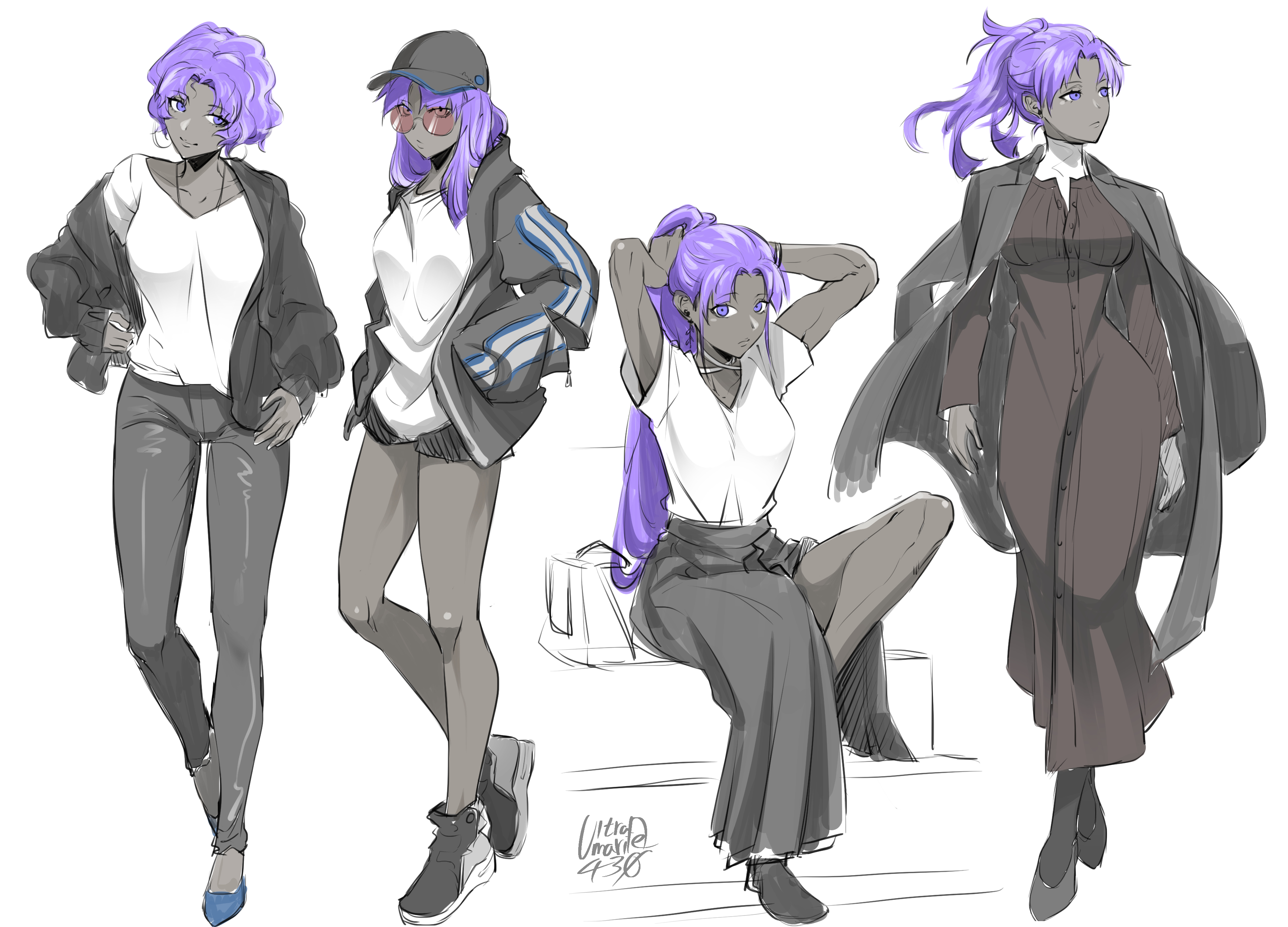 shin (ultramarine430), assassin (fate/zero), female assassin (fate/zero), fate/grand order, fate (series), absurdres, highres, 1girl, alternate costume, alternate hairstyle, baseball cap, black dress, black hat, black jacket, black pants, black skirt, casual, colored skin, curly hair, dark-skinned female, dark skin, dress, grey skin, hat, jacket, long hair, multiple views, pants, ponytail, purple eyes, purple hair, shirt, short hair, sitting, skirt, stairs, very dark skin, white shirt