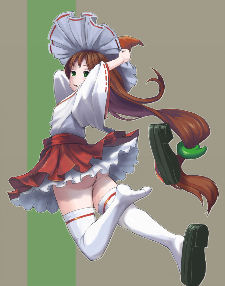 kawa akira, original, bad id, bad pixiv id, 1girl, brown hair, feet, female focus, green eyes, hat, magatama, no panties, shoe loss, shoes, single shoe, solo, thighhighs, unworn shoes, white thighhighs