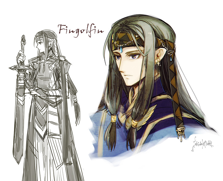 tokidoki tidori, fingolfin, the silmarillion, tolkien's legendarium, 1boy, artist name, blue eyes, character name, closed mouth, collar, earrings, elf, gem, grey hair, headband, holding, holding sword, holding weapon, jewelry, long hair, looking to the side, male focus, pointy ears, profile, robe, sidelocks, signature, simple background, solo, standing, sword, weapon, white background