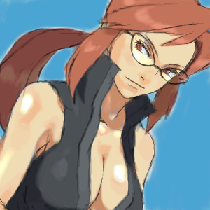 lorelei (pokemon), nintendo, pokemon, lowres, 1girl, :|, blue background, breasts, brown eyes, brown hair, cleavage, closed mouth, elite four, female focus, glasses, large breasts, long hair, open clothes, open shirt, ponytail, shirt, simple background, sleeveless, solo