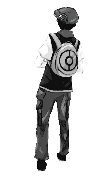 lucas (pokemon), nintendo, pokemon, pokemon dppt, bookbag, 00s, 1boy, back, bag, greyscale, legs apart, male focus, monochrome, pocket, poke ball symbol, simple background, solo, standing, white background