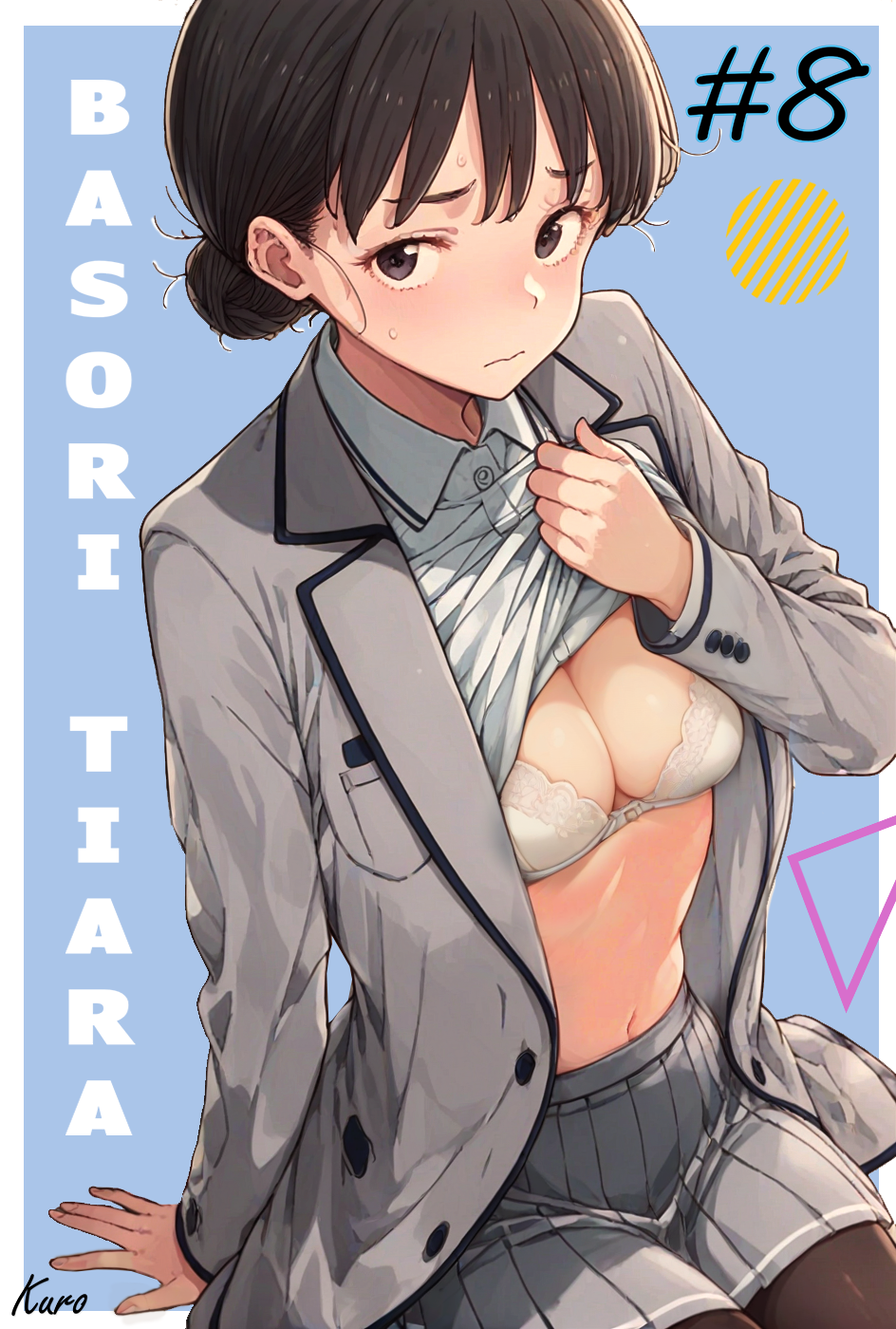 basori tiara, make heroine ga oo sugiru!, absurdres, artist request, highres, translated, 1girl, black eyes, black hair, black pantyhose, blazer, bra, breasts, cleavage, closed mouth, clothes lift, collared shirt, dot nose, english text, female focus, grey jacket, grey skirt, hair bun, jacket, kneeling, long sleeves, looking at viewer, medium breasts, midriff, miniskirt, navel, pantyhose, pleated skirt, school uniform, shirt, shirt lift, single hair bun, sitting, skirt, solo, solo focus, stomach, sweat, sweatdrop, tsuwabuki high school uniform, underwear, watermark, white bra, white shirt