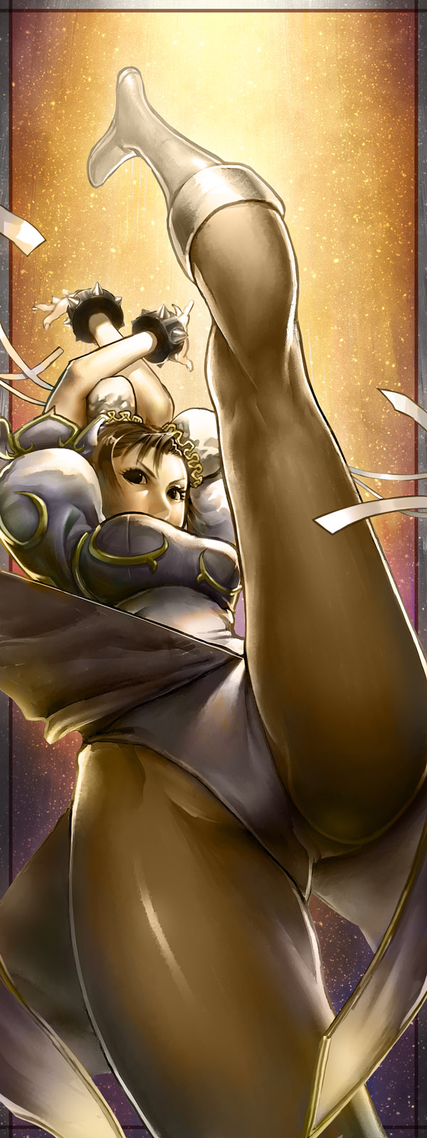 tako (pixiv8535), chun-li, capcom, street fighter, highres, long image, tall image, 1girl, bracelet, china dress, chinese clothes, dress, female focus, jewelry, panties, panties under pantyhose, pantyhose, pantyshot, pelvic curtain, solo, spiked bracelet, spikes, underwear
