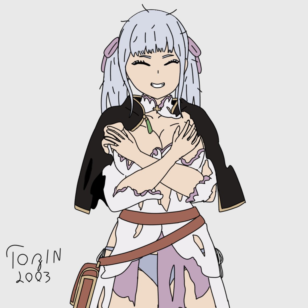 noelle silva, black clover, 1girl, breasts, cleavage, closed eyes, grey hair, hair ribbon, large breasts, ribbon, smile, solo, torn clothes, tozin2003, twintails