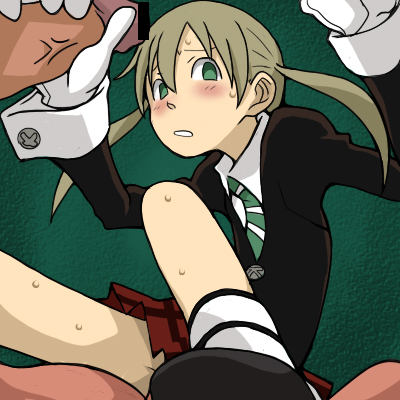 cl-55, maka albarn, soul eater, lowres, 00s, 1girl, blonde hair, blush, censored, gloved handjob, gloves, green eyes, handjob, penis, plaid clothes, plaid skirt, skirt, solo focus, twintails