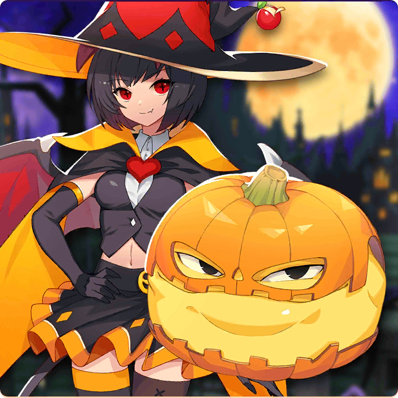 gaboo, pixie (monster farm), line: monster farm, monster farm, official art, + +, black hair, halloween, hat, jack (monster farm), monster girl, pumpkin, red eyes, wings, witch, witch (monster farm), witch hat