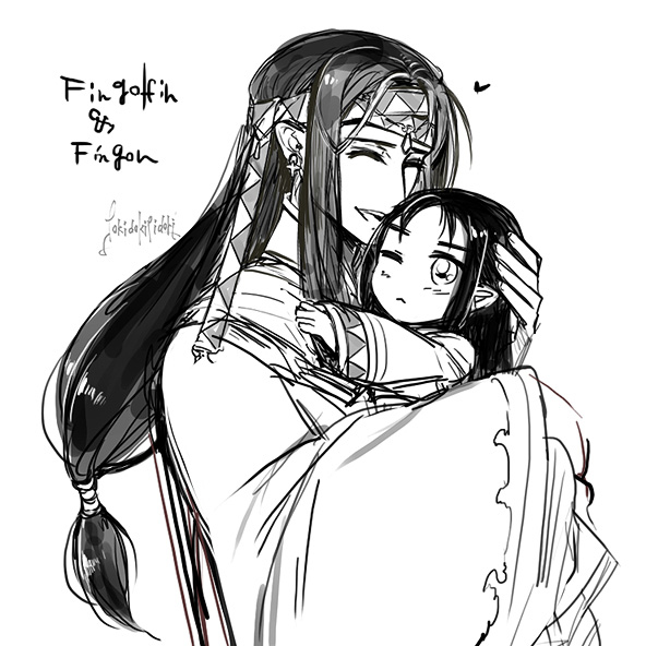 tokidoki tidori, fingolfin, fingon, the silmarillion, tolkien's legendarium, 2boys, artist name, black hair, carrying, character name, closed eyes, closed mouth, earrings, elf, father and son, gem, headband, heart, hug, jewelry, long hair, looking at another, low ponytail, male focus, monochrome, multiple boys, one eye closed, open mouth, parted bangs, pointy ears, ponytail, robe, signature, simple background, teeth, upper body, upper teeth only, white background