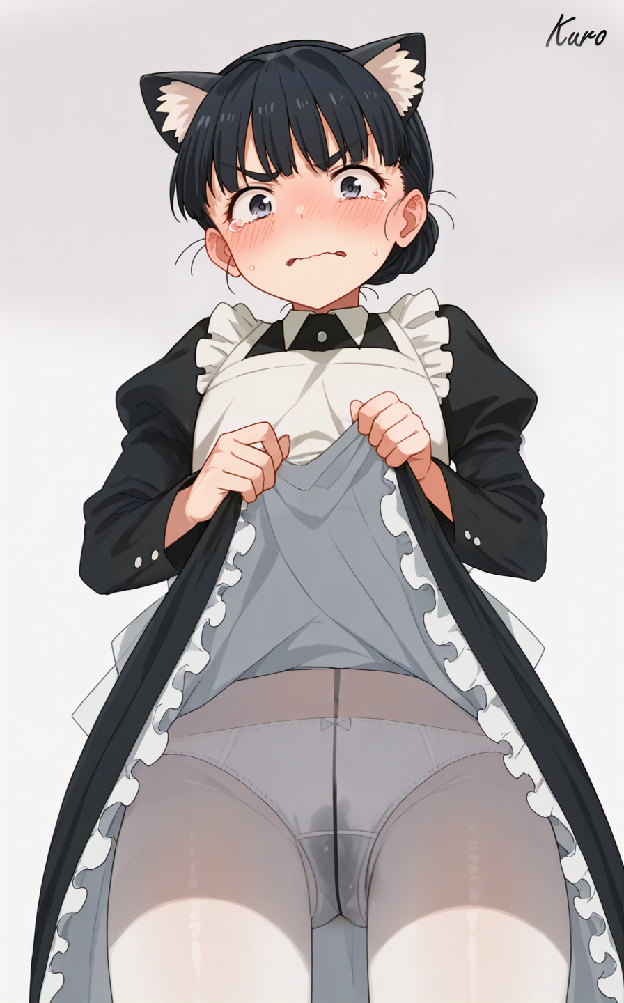 basori tiara, make heroine ga oo sugiru!, absurdres, artist request, highres, 1girl, animal ears, apron, black eyes, black hair, black skirt, blush, bow, bow panties, breasts, cat ears, cat hair ornament, closed mouth, clothes lift, collared shirt, dot nose, embarrassed, female focus, from below, hair bun, hair ornament, legs, long hair, long skirt, long sleeves, looking at viewer, maid, maid apron, panties, panties under pantyhose, pantyhose, pee, peeing, peeing self, shirt, single hair bun, skirt, skirt lift, small breasts, solo, solo focus, teardrop, tearing up, tears, thighs, thighs focus, underwear, watermark, wet, wet clothes, wet panties, wet pantyhose, white apron, white panties, white pantyhose