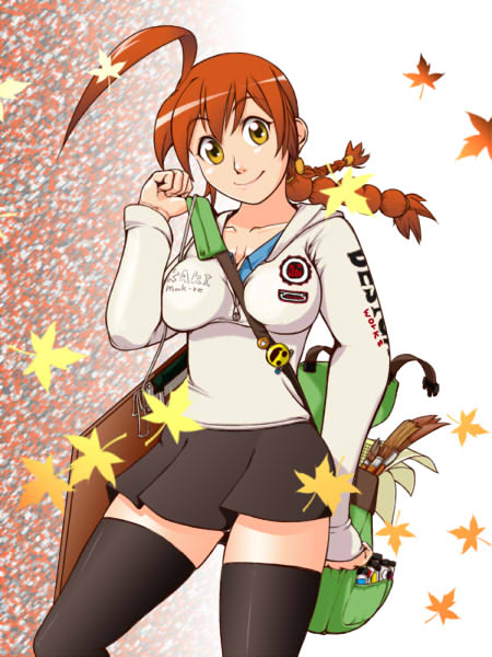 umetarou (shujinko kidori), original, 1girl, ahoge, black thighhighs, braid, female focus, huge ahoge, leaf, orange hair, solo, thighhighs, twin braids, yellow eyes, zettai ryouiki