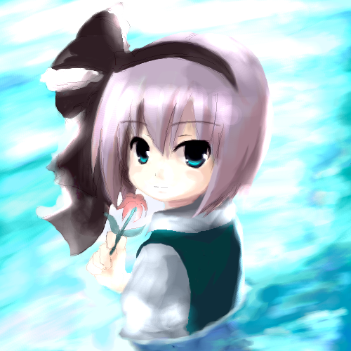 tsubasa (abchipika), konpaku youmu, touhou, silver hair, lowres, 1girl, female focus, flower, short hair, solo, water