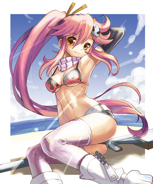 katahira masashi, yoko littner, tengen toppa gurren lagann, 00s, 1girl, arm behind head, arm up, armpits, beach, bikini, bikini top only, boots, cloud, day, female focus, floating hair, gun, hair ornament, long hair, navel, outdoors, ponytail, short shorts, shorts, sky, smile, solo, swimsuit, thighhighs, very long hair, weapon