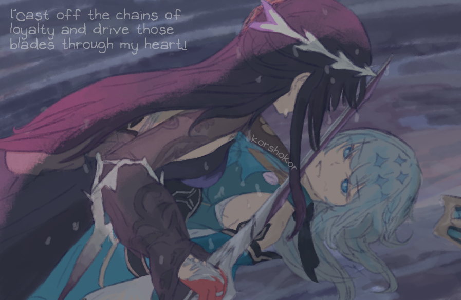 korshokor, cerydra (honkai: star rail), hysilens (honkai: star rail), honkai: star rail, honkai (series), commentary, english commentary, 2girls, ascot, back, bare shoulders, black dress, blue ascot, blue dress, blue eyes, blue hair, blunt bangs, breasts, collared dress, crown, dress, english text, gloves, hair between eyes, holding, holding sword, holding weapon, jewelry, long hair, long sleeves, looking at another, looking up, lying, medium breasts, multiple girls, on back, puffy long sleeves, puffy sleeves, purple hair, rain, red gloves, ring, sidelocks, sleeveless, sleeveless dress, smile, sword, teeth, weapon, wet, wet clothes, wet hair, yuri