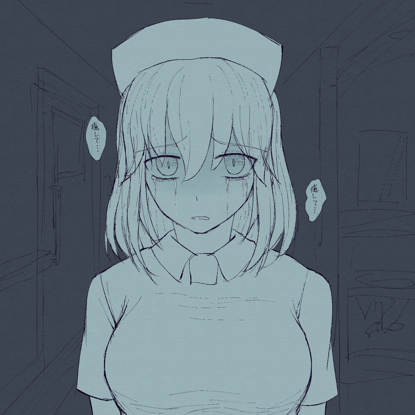 mochizuki (sakusei byoutou), sakusei byoutou, commentary request, highres, translation request, 1girl, crying, crying with eyes open, hat, medium hair, nurse, nurse cap, rikarika, tears