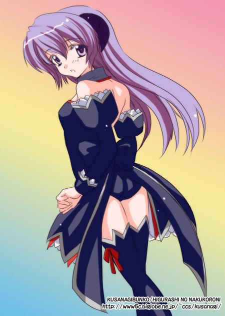 kusanagi yuuri, hanyuu, higurashi no naku koro ni, 00s, angel mort, ass, detached collar, purple eyes, purple hair, solo, thighhighs, waitress